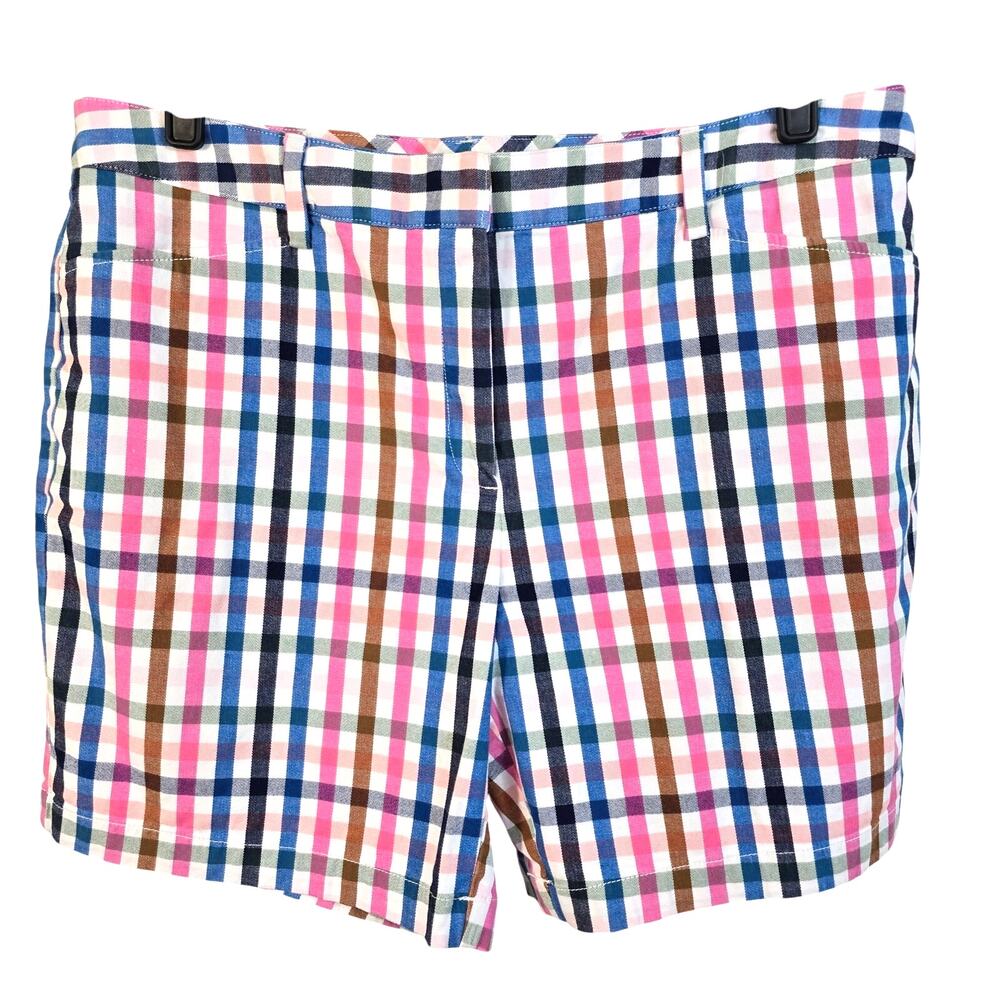 Lands End Chino Shorts Women's 14 Pink Multi Gingham Mid Rise Preppy Coastal